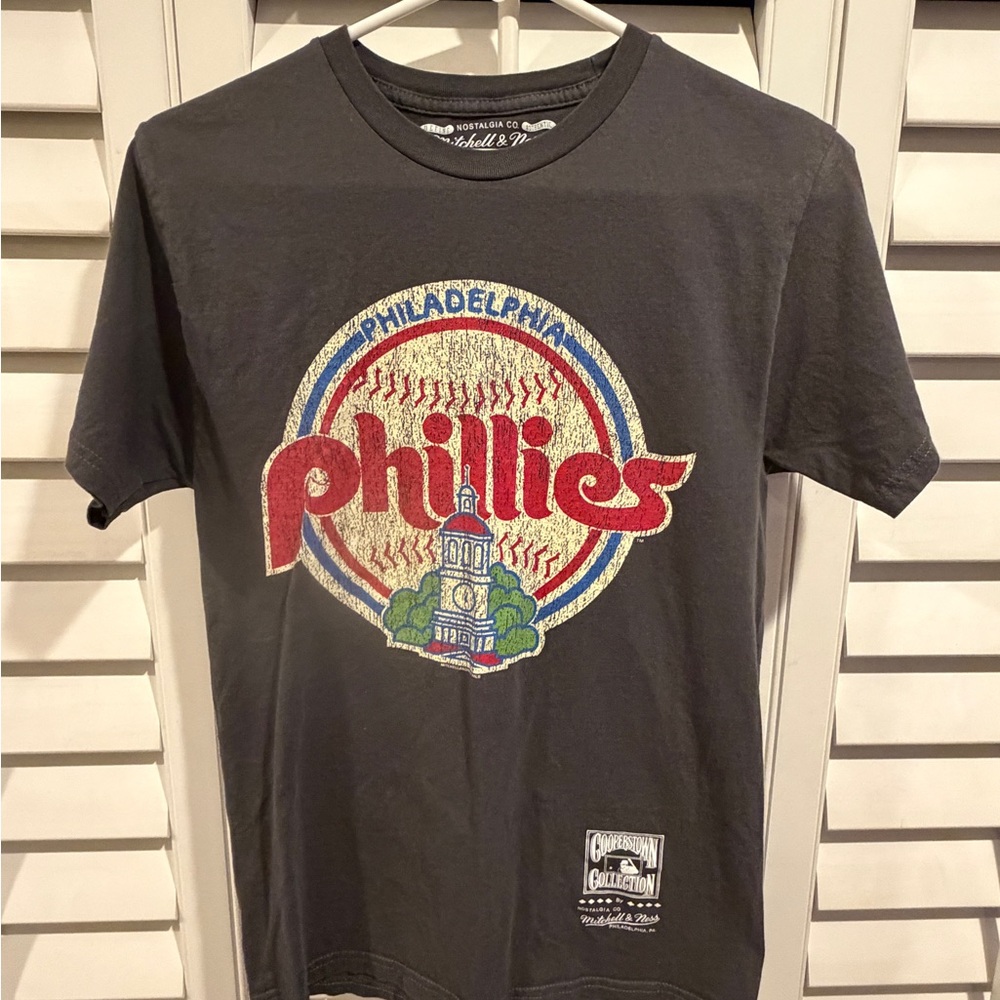 Mitchell & Ness Black Phillies Graphic Tee with Red & Blue Logo